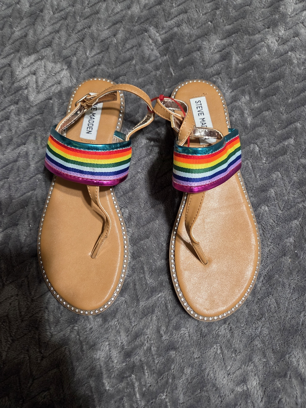Steve Madden Tan Sandals with Rainbow Stripe Band